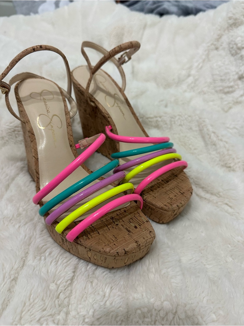 Jessica Simpson Neon Multi-Strip Cork Wedge Sandals